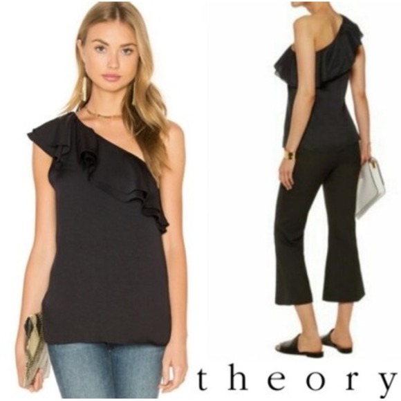 Theory One Shoulder Damarill Black Ruffled Cotton Top Sz Petite‎ Travel Neutral - Picture 1 of 8